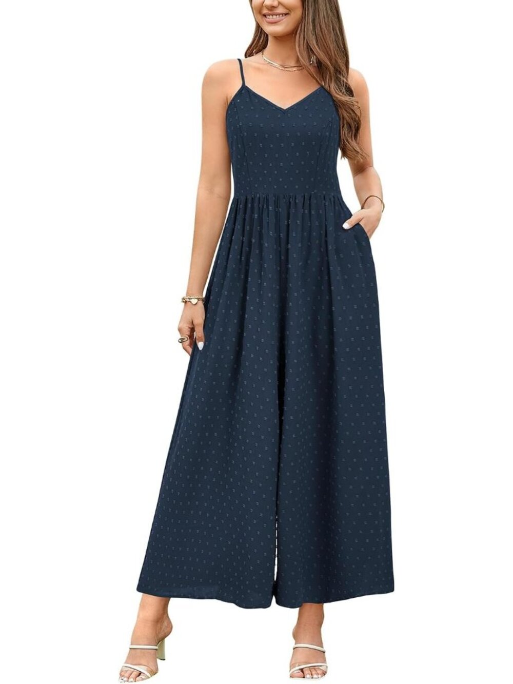 Women's Summer Floral Navy Blue Spaghetti Strap Smocked Long Rompers with Pocket